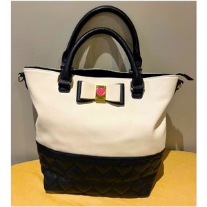 Betsey Johnson Off-White & Black Quilted Hearts Purse -Tote Bag - Crossbody